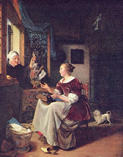 Pieter Cornelisz. van Slingelandt A young lacemaker is interrupted by a birdseller who offers her ware through the window china oil painting image